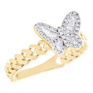 14K Yellow Gold Diamond Women's Cuban Link & Butterfly Right Hand Ring 1/4 CT