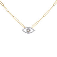 10K Yellow Gold Diamond Evil Eye Charm Paper Clip 18" Cable Necklace 1/4 CT.