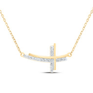 10K Yellow Gold Real Diamond Women's Sideways Double Cross 18" Necklace 1/5 CT