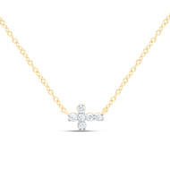 10K Yellow Gold Prong Diamond Womens Mini Sideways Cross 18" Necklace 1/12 CT