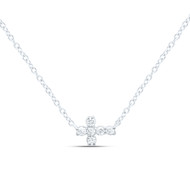 10K White Gold Prong Set Diamond Womens Mini Sideways Cross 18" Necklace 1/12 CT
