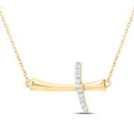 10K Yellow Gold Diamond Women's Fancy Curved Sideways Cross 18" Necklace 1/20 CT