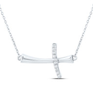 10K White Gold Diamond Women's Fancy Curved Sideways Cross 18" Necklace 1/20 CT