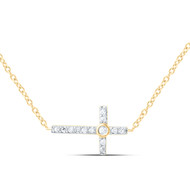 10K Yellow Gold Real Bezel Set Diamond Sideways Latin Cross 18" Necklace 1/20 CT