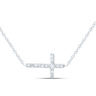 10K White Gold Bezel Set Round Diamond Sideways Latin Cross 18" Necklace 1/20 CT
