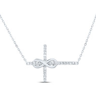 10K White Gold Real Diamond Women's Sideways Infinity Cross 18" Necklace 1/10 CT