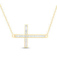 10K Yellow Gold Real Baguette Diamond Women's Sideways Cross 18" Necklace 1/4 CT