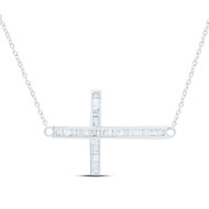 10K White Gold Real Baguette Diamond Women's Sideways Cross 18" Necklace 1/4 CT