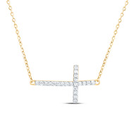 10K Yellow Gold Diamond Women Prong Set Sideways Latin Cross 18" Necklace 1/6 CT