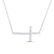 10K White Gold Diamond Womens Prong Set Sideways Latin Cross 18" Necklace 1/6 CT