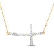 10K Yellow Gold Genuine Diamond Womens Curved Sideways Cross 18" Necklace 1/5 CT