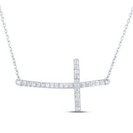 10K White Gold Genuine Diamond Women's Curved Sideways Cross 18" Necklace 1/5 CT