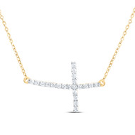 10K Yellow Gold Real Diamond Womens Prong Set Sideways Cross 18" Necklace 1/5 CT