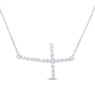 10K White Gold Real Diamond Women's Prong Set Sideways Cross 18" Necklace 1/5 CT