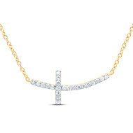 10K Yellow Gold Genuine Diamond Women Curved Sideways Cross 18" Necklace 1/10 CT