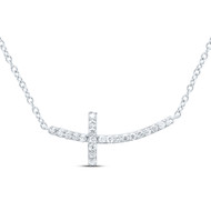14K White Gold Genuine Diamond Womens Curved Sideways Cross 18" Necklace 1/10 CT