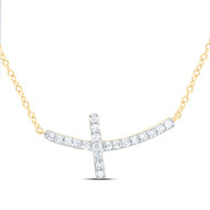 10K Yellow Gold Genuine Diamond Womens Curved Sideways Cross 18" Necklace 1/6 CT