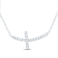 10K White Gold Genuine Diamond Women's Curved Sideways Cross 18" Necklace 1/6 CT