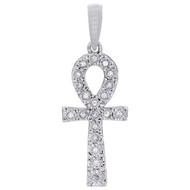 10K White Gold Genuine Diamond Ankh Cross Pendant Prong Set 1.15" Charm 0.10 CT