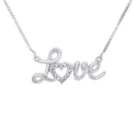 Sterling Silver Round Diamond Love Heart Statement Necklace 16" Chain 1/20 CT.