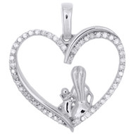 10K White Gold Round Diamond Heart Mother & Baby Pendant 0.90" Charm 1/5 CT.