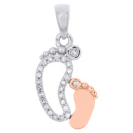 10K Two Tone Rose Gold Round Diamond Mom Footsteps Pendant 0.75" Charm 0.08 CT.