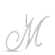 10K White Gold Real Diamond Fancy Cursive Script Font Initial M Pendant 7/8 CT