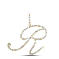 10K Yellow Gold Real Diamond Fancy Cursive Script Font Initial R Pendant 5/8 CT