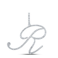 10K White Gold Real Diamond Fancy Cursive Script Font Initial R Pendant 5/8 CT