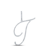 10K White Gold Real Diamond Fancy Cursive Script Font Initial T Pendant 3/8 CT