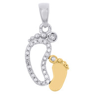 10K Two Tone Yellow Gold Round Diamond Mom Footsteps Pendant 0.75" Charm 0.08 CT