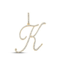 14K Yellow Gold Real Diamond Fancy Cursive Script Font Initial K Pendant 1/2 CT
