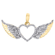 10K Yellow Gold Ladies Round Diamond Wing Heart Fancy Pendant Pave Charm 1/4 CT.