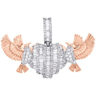 10K Rose Gold Baguette Diamond Dove Heart Wings 1.15" Pendant Charm 2.33 CT.