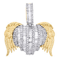 10K Yellow Gold Baguette Diamond Dome Heart Angel Wings 1.15" Pendant Charm 2 CT