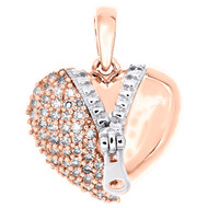 10K Rose Gold Round Diamond Domed Open Zipper Heart Pendant Love Charm 1/4 Ct.