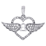 10K White Gold Round Diamond Open Heart Key Hole w/ Angel Wings Pendant 0.33 Ct.