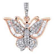 10K Rose Gold Round & Baguette Diamond Butterfly Pendant 0.85" Charm 5/8 CT.