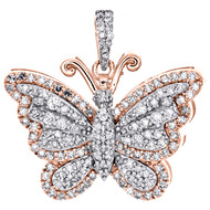 10K Rose Gold Round Diamond Double Frame Butterfly Pendant 0.85" Charm 3/4 CT.