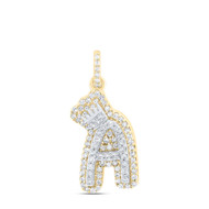 10K Yellow Gold Diamond Bubble Font Initial A & Crown Mini Letter Pendant 1/4 CT