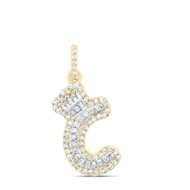 10K Yellow Gold Diamond Bubble Font Initial C & Crown Mini Letter Pendant 1/4 CT