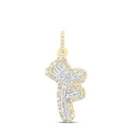 10K Yellow Gold Diamond Bubble Font Initial F & Crown Mini Letter Pendant 1/5 CT