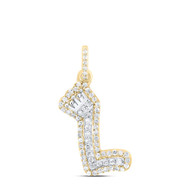 10K Yellow Gold Diamond Bubble Font Initial L & Crown Mini Letter Pendant 1/5 CT