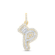10K Yellow Gold Diamond Bubble Font Initial P & Crown Mini Letter Pendant 1/4 CT