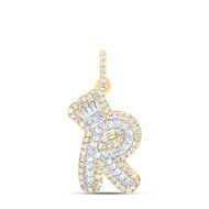 10K Yellow Gold Diamond Bubble Font Initial R & Crown Mini Letter Pendant 1/3 CT