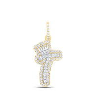 10K Yellow Gold Diamond Bubble Font Initial T & Crown Mini Letter Pendant 1/5 CT