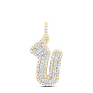 10K Yellow Gold Diamond Bubble Font Initial U & Crown Mini Letter Pendant 1/3 CT