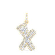 10K Yellow Gold Diamond Bubble Font Initial X & Crown Mini Letter Pendant 1/4 CT