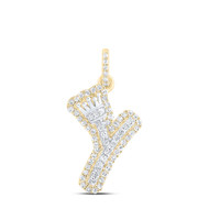 10K Yellow Gold Diamond Bubble Font Initial Y & Crown Mini Letter Pendant 1/5 CT