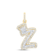 10K Yellow Gold Diamond Bubble Font Initial Z & Crown Mini Letter Pendant 1/3 CT